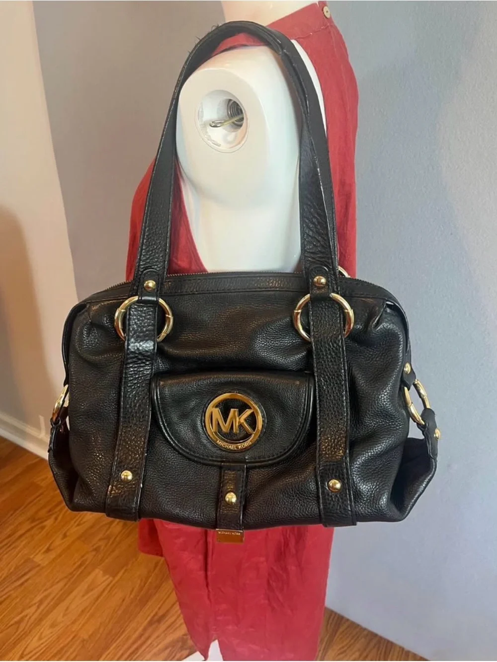 Michael Kors Fulton Black Leather Satchel Shoulder Bag Gold MK Circle Logo Hobo